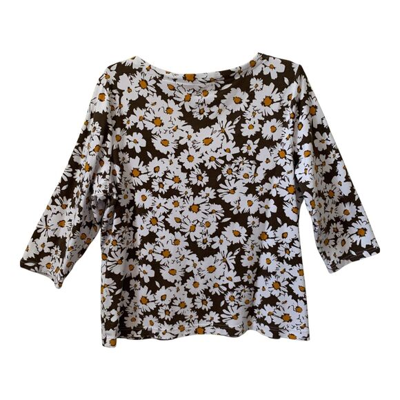 Croft and Barrow Blouse XL Brown White Daisy Print Cotton 3/4 Sleeve T-Shirt - Picture 5 of 8